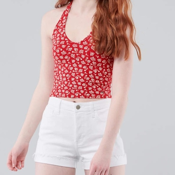 🎄 Hollister halter top M red/white floral NWT - Picture 1 of 8